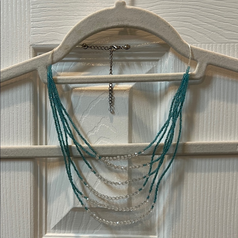 Teal & Clear Multi-Strand Beaded Necklace – Layered Lightweight Design